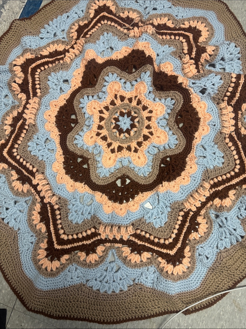 blue brown boho crochet blanket